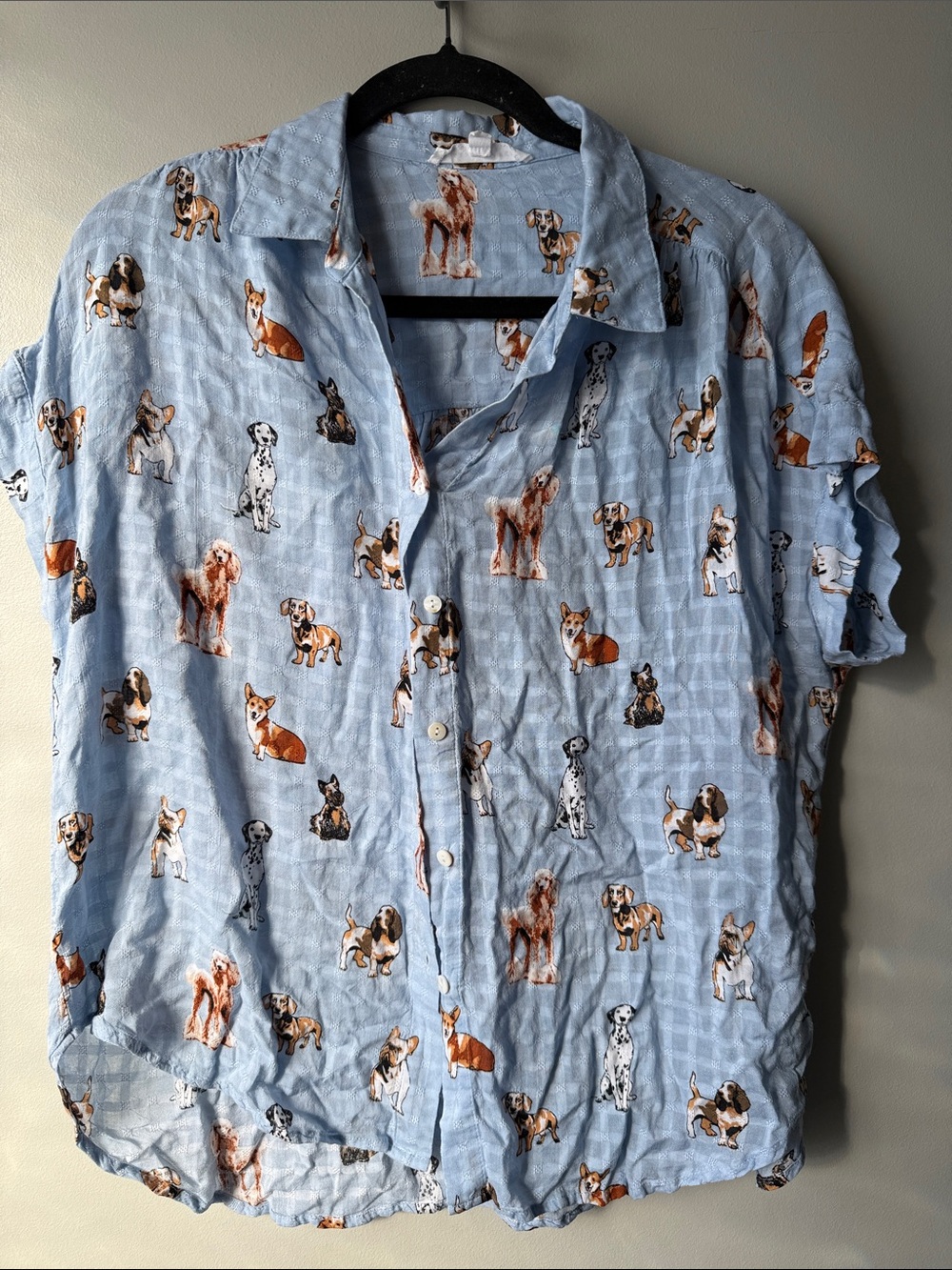 Jane and Delancey Light Blue Dog-Print Short Sleeve button down Blouse
